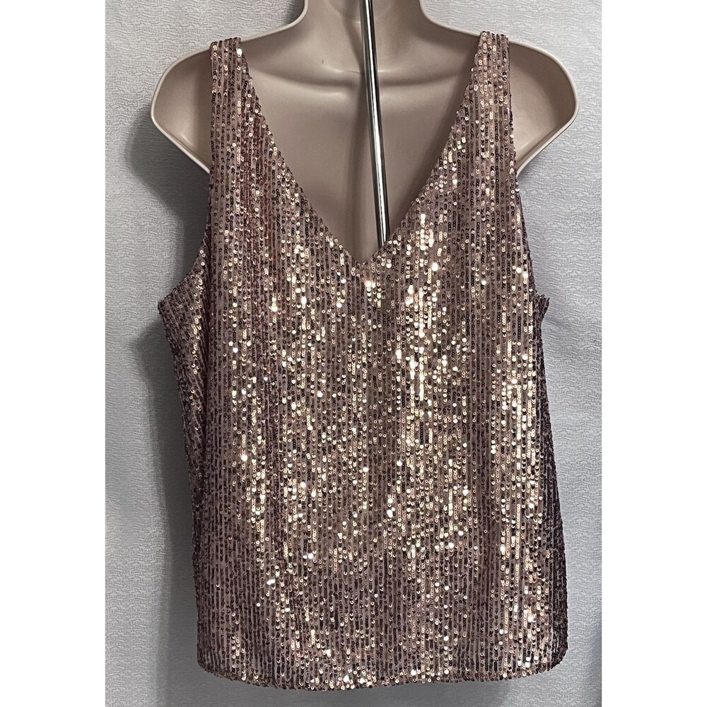 Loft Sequin Double V Camisole Tank Top Womens LP Bling Rose Gold Blush Pink - Picture 2 of 7